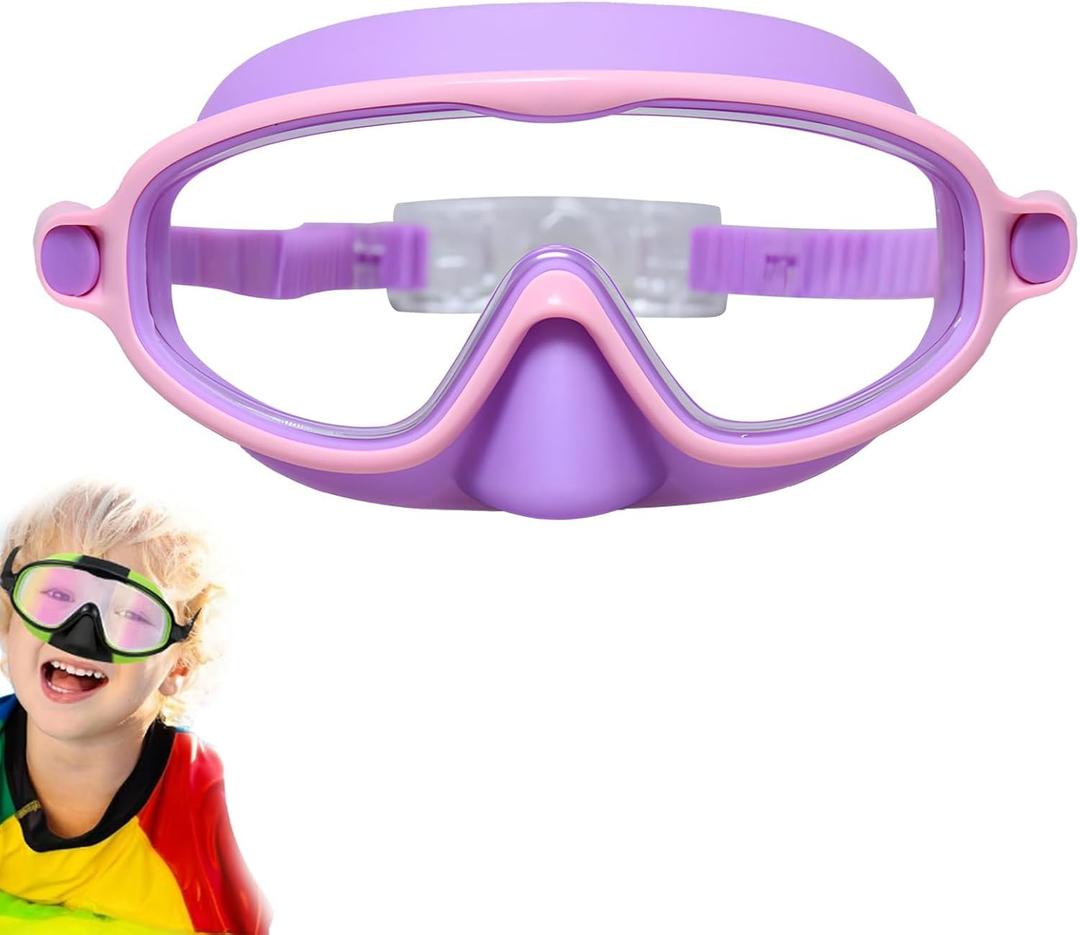 Consistine Swimming Goggles, HD Children's Large Frame Waterproof and Anti-Fog Swimming Goggles, with Nose Cover No Leaking (Purple-pink)