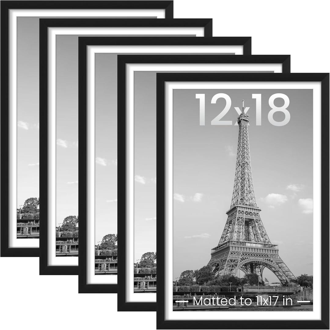 Upsimples 12x18 Picture Frame Set of 5, Display Pictures 11x17 with Mat or 12 x 18 Without, Wall Gallery Poster Frames, Black