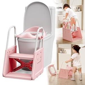 3 in 1 Potty Training Toilet Seat & Toddler Step Stool with Potty Train Chair Adapter and Extra Wide Non-Slip Ladder Potty Seats with Raised Guardrail and Splash Protection Design for Kids 1-3 Years