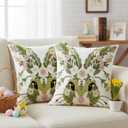 2Pcs Easter Bunny Throw Pillow Covers 18"x 18" Floral Bunny Embroidered Pillow Covers with Zipper Spring Rabbit Decorative Cushion Cases for Couch Bed Sofa Living Room Bedroom Decor Gift