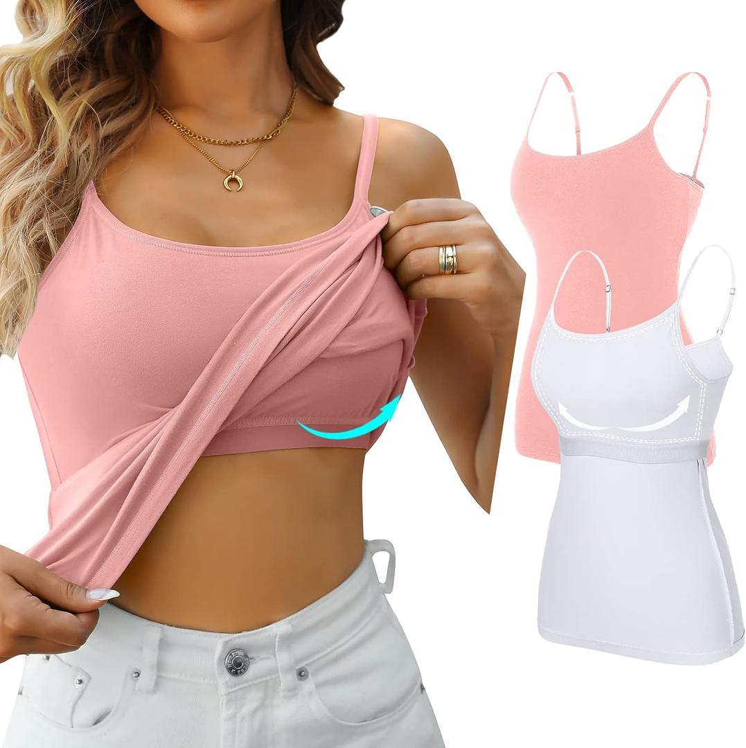 V FOR CITY Women's Shelf Bra Camisole Tops Adjustable Spaghetti Strap Cami Tank Cotton Undershirts 2 Pack (Large, White/Coral)