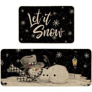 Artoid Mode Let It Snow Snowflake Snowman Light Christmas Decorative Kitchen Mats Set of 2, Home Party Low-Profile Kitchen Rugs - 24x35 and 24x59 Inch (Black)