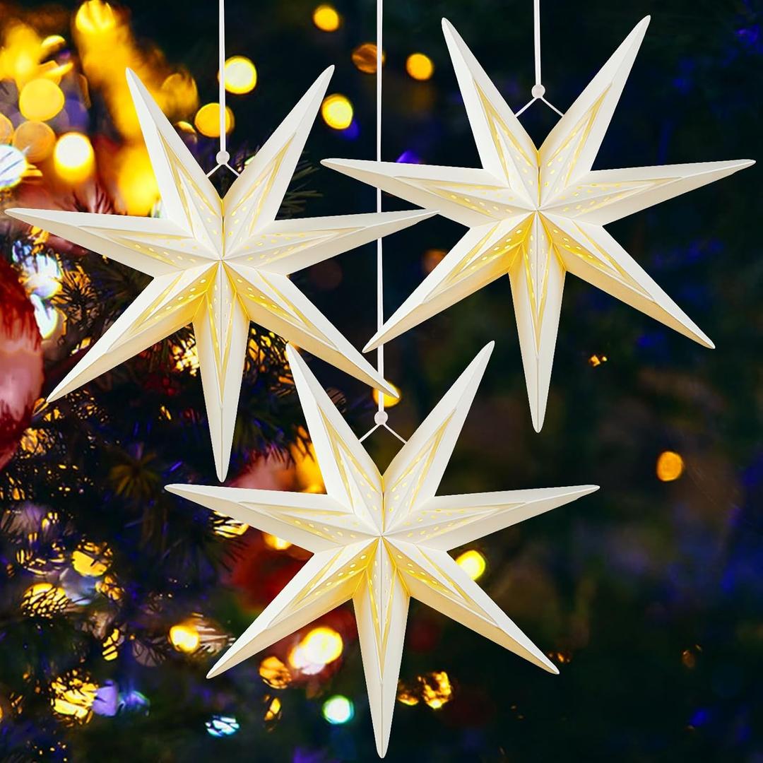 SUNBEAUTY 7Pointed 12Inch Hollow Out Paper Star Lanterns White Christmas Lanterns Hanging Lamp Paper Decorations Shade Wedding Birthday Christmas Home Party Decorations