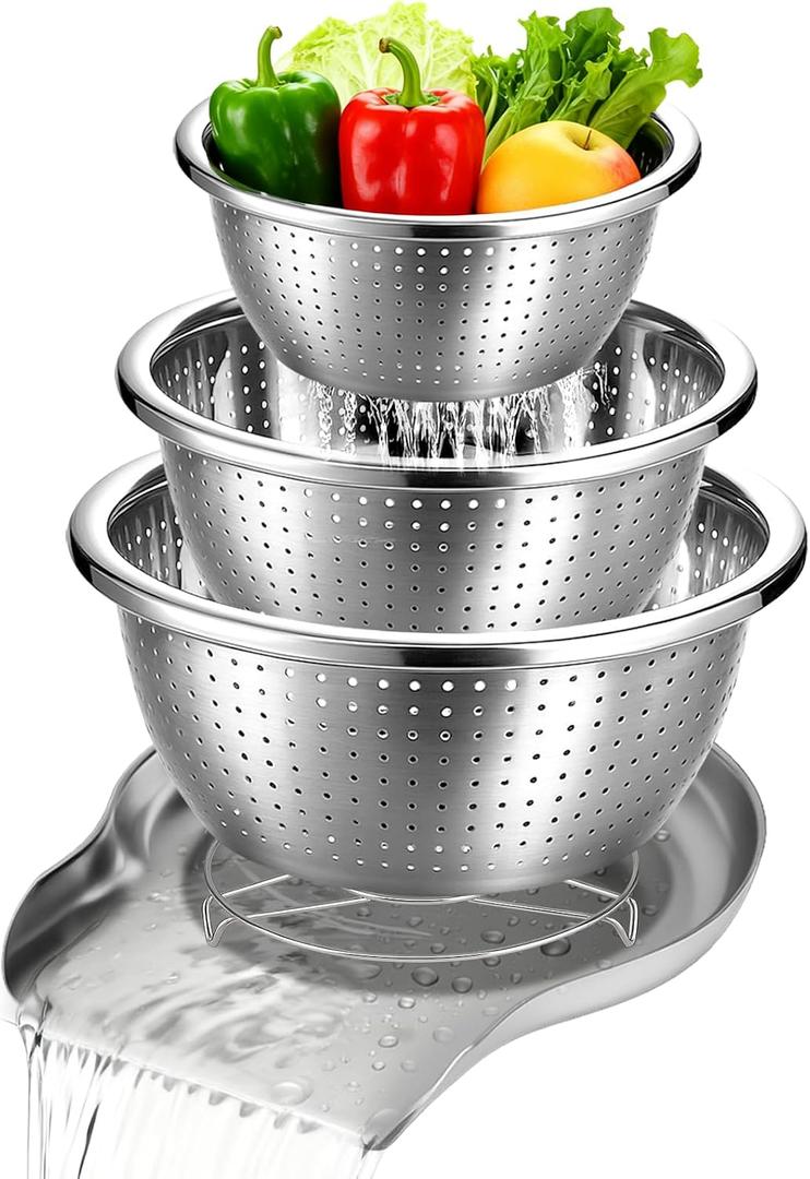 Palksky Stainless Steel Colander Set with Self-Draining Base, 3 Sizes Colanders & Food Strainers for Pasta, Rice, Fruits & Veggies, Metal Colander with Draining Plate for Sink or Countertop