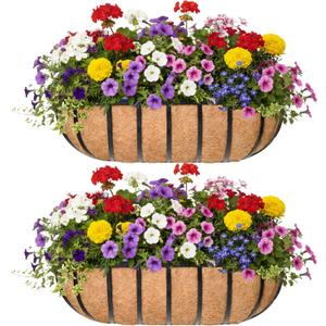 24 Window Box Railing Planter with Coco Liner Metal Wall-Mounted Coconut Liner Planter Basket English Horse Trough Planters for Outdoor Deck Balcony Porch Fence Patio Black (2 Pack)