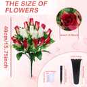 2 Sets Artificial Cemetery Flowers with Vase Memorial Flowers Bouquet & Heavy-Ground Spike Vases Fade-Proof, Windproof Grave Memorial Flowers for Cemetery Headstones Decoration (Rose red white)