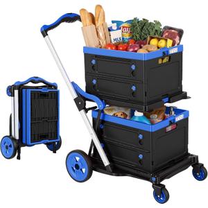 Collapsible Shopping Cart with Wheels, Foldable Platform Hand Truck (Blue)