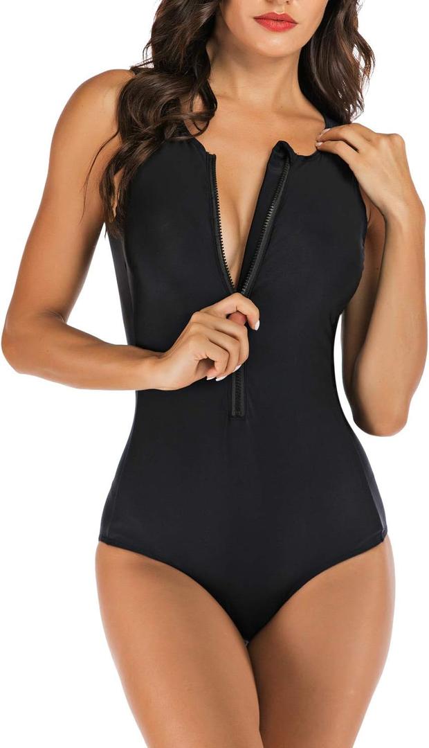 Yateen Womens Rash Guard Zip Front Sleeveless One Piece Swimsuit (Black), M