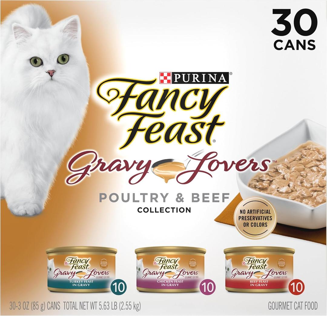 Purina Fancy Feast Gravy Lovers Poultry and Beef Grilled Gourmet Wet Cat Food Variety Pack - (Pack of 30) 3 oz. Cans (EXP 03/31/28)