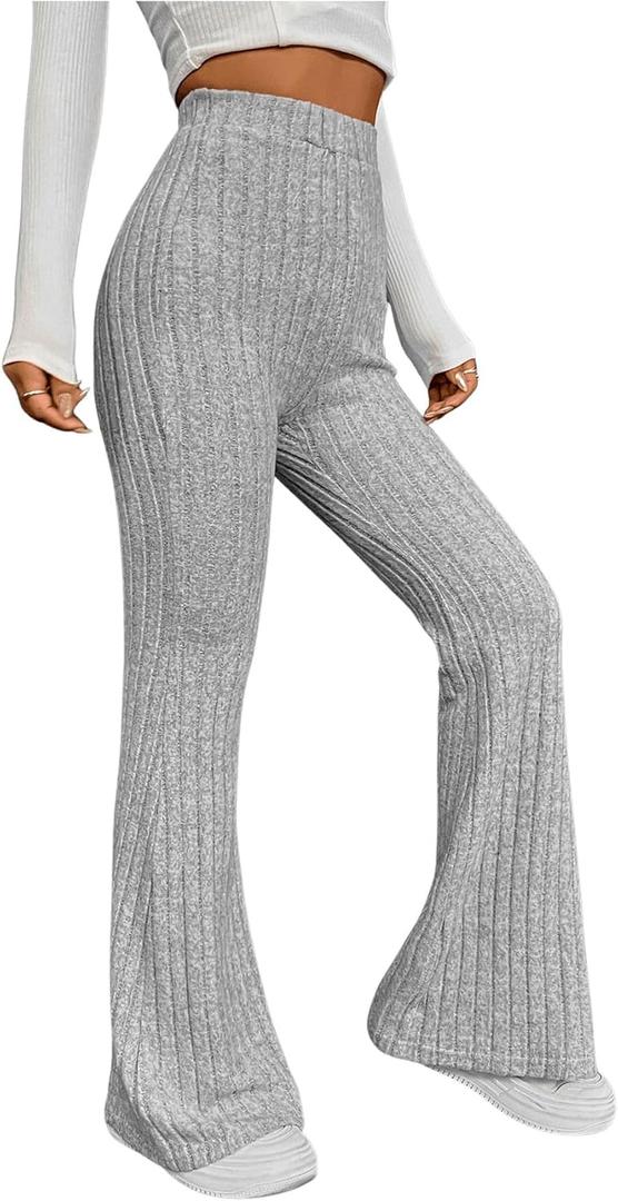WDIRARA Women's Elastic High Waist Flare Pants Ribbed Knit Bell Bottom Trousers (Grey), S