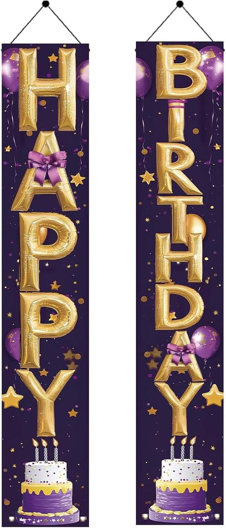 2PCS Happy Birthday Hanging Banner Porch Sign Purple Gold Balloon Letter Birthday Party Supplies Decorations Door Wall for Girls Women Adults Kids Children Classroom 71 x 12 Inch