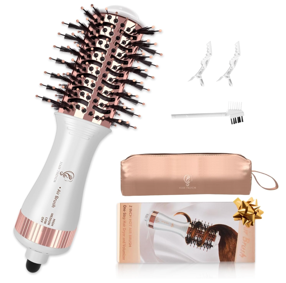 Hair Trends Travel Hair Dryer Brush, Nano Titanium 2 Inch One Step Hair Dryer & Styler Volumizer, Mini Oval Hot Air Brush, White and Rose Gold, HB004