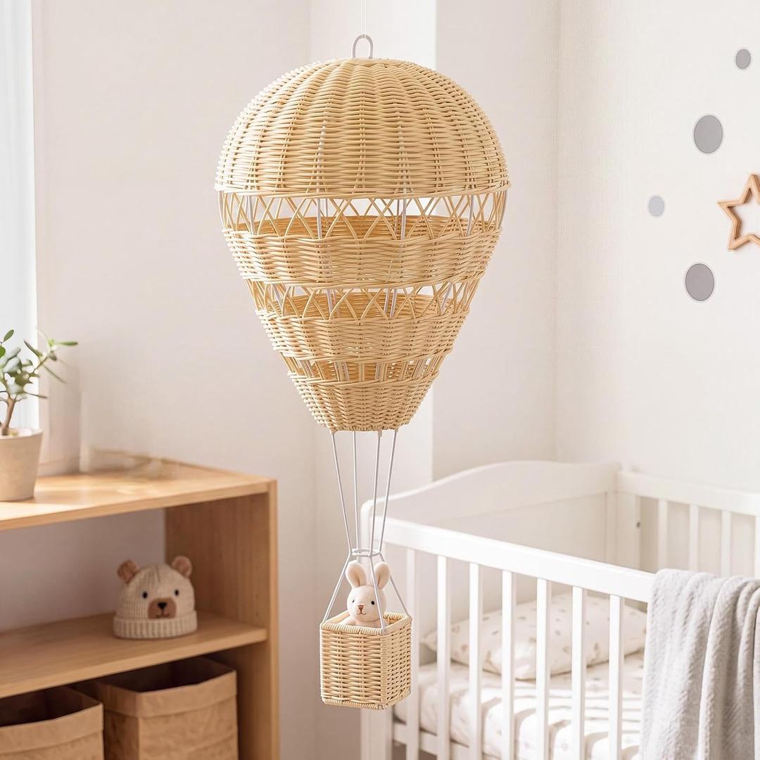 Baquler 1pcs Large Natural Rattan Hot Air Balloon Hanging Decor for Nursery, 21.65''H