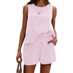 EXLURA Women's Summer 2 Piece Outfits Sleeveless Tank Top Matching Shorts Sets Cotton Striped Sweatsuits Vacation Beach 2025 XL