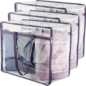 Clear Vinyl Zippered Storage Bags (3-Pack) 40L Sturdy Storage Bags for Sweaters, Blankets, Comforters, Bedding Sets and Much More! (Purple, 18x15x9)