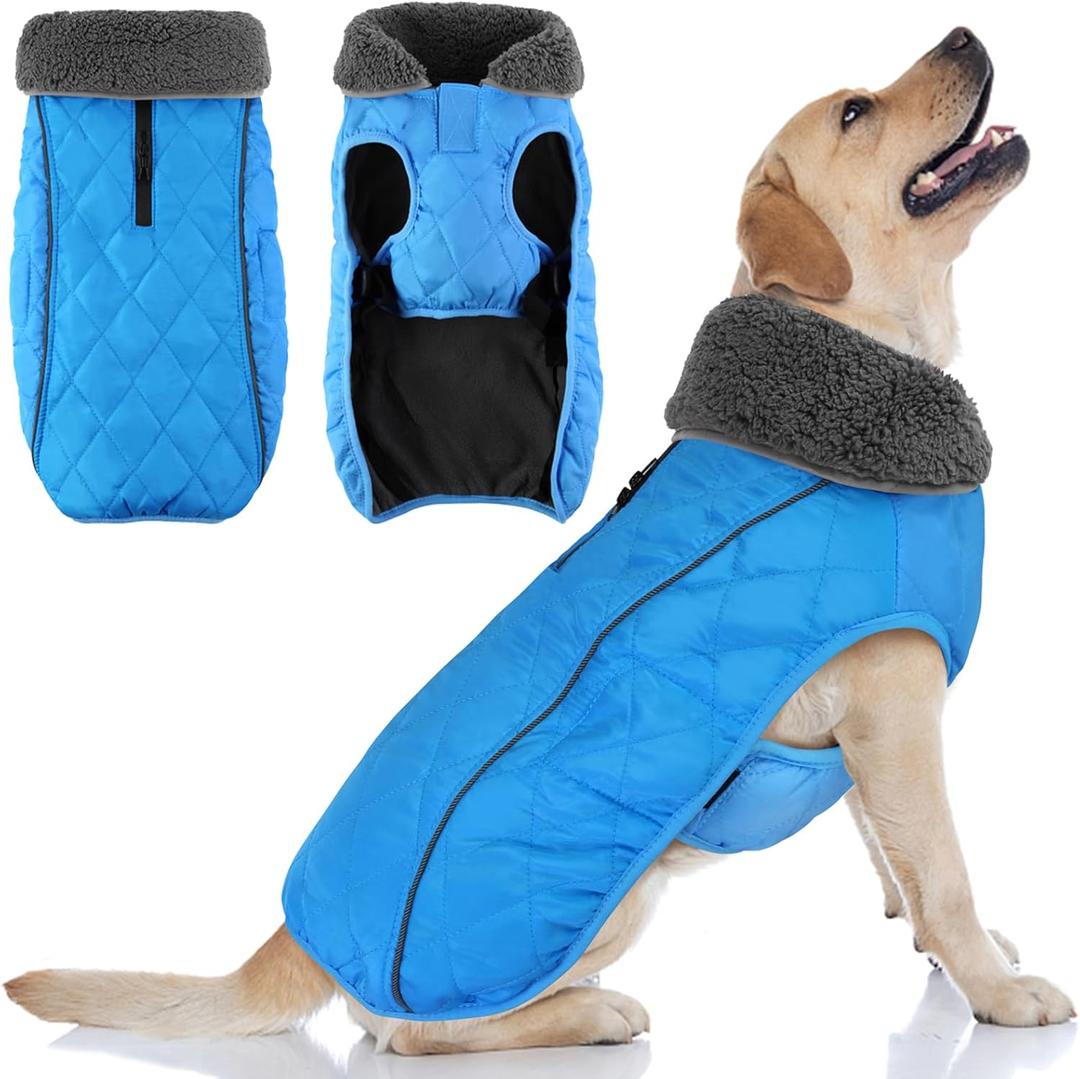 Doglay Dog Coat, Waterproof Dog Jacket Pet Winter Coat for Cold Weather with Thicken Furry Collar, Reflective Puppy Winter Jacket Warm Fleece Lining for Small Medium Large Pets (L(Chest : 19.7-27.56" , Back :15.7"), Earth Blue)