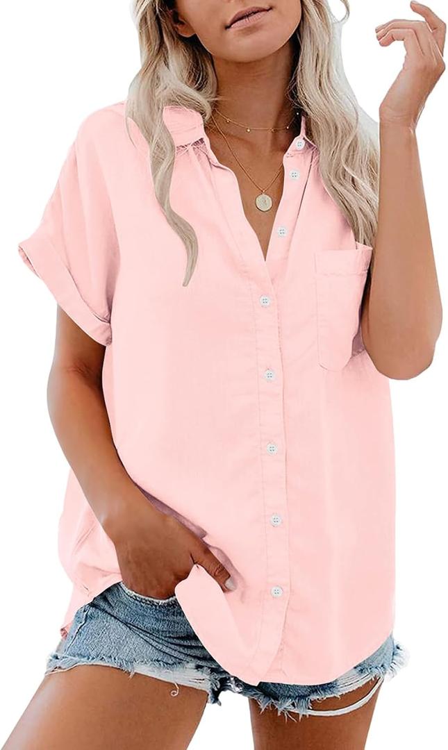 Paintcolors Women's Casual Short Sleeve Button Down Shirts Cotton Blouses V Neck Casual Tunics Solid Color Tops with Pockets (S, Pink)