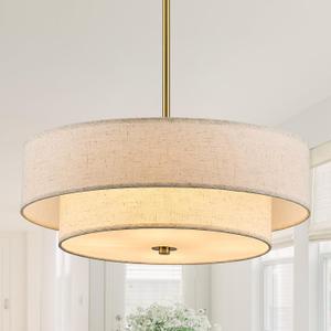 Gold Modern Chandelier 18'' Drum Chandeliers with 2-Layer Fabric Shade 4-Light Linen Pendant Light Fixture for Dining Room Bedroom Kitchen Hallway Foyer