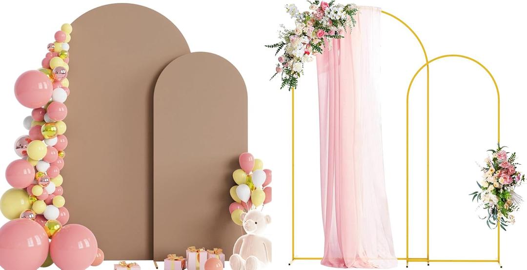 Wokceer Wedding Arch Backdrop Stand and Cover Set of 2 Metal Arch Stand with Arch Cover Nude Brown 7.2FT, 6FT for Birthday Party Wedding Ceremony Bridal Baby Shower Event Decor
