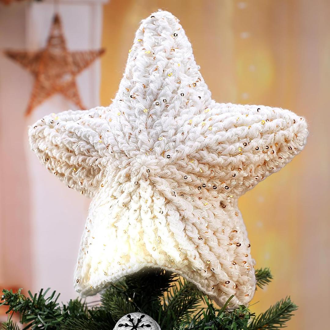 Syhood 10 Inch Crochet Star Christmas Tree Topper Boho Christmas Ornament Glitter Star Farmhouse Holiday Xmas Decor for Xmas Trees Ornament Party Decoration