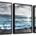 Black Framed Canvas Wall Art For Living Room Wall Decorations For Bedroom Wall Decor Black And White Wall Painting Blue Ocean Sea Wave Pictures Artwork For Modern Beach Posters Home Decor 3 Piece (16x24inches*3pcs(Black Framed), Blue Ocean Landscape Paintings Black Framed)