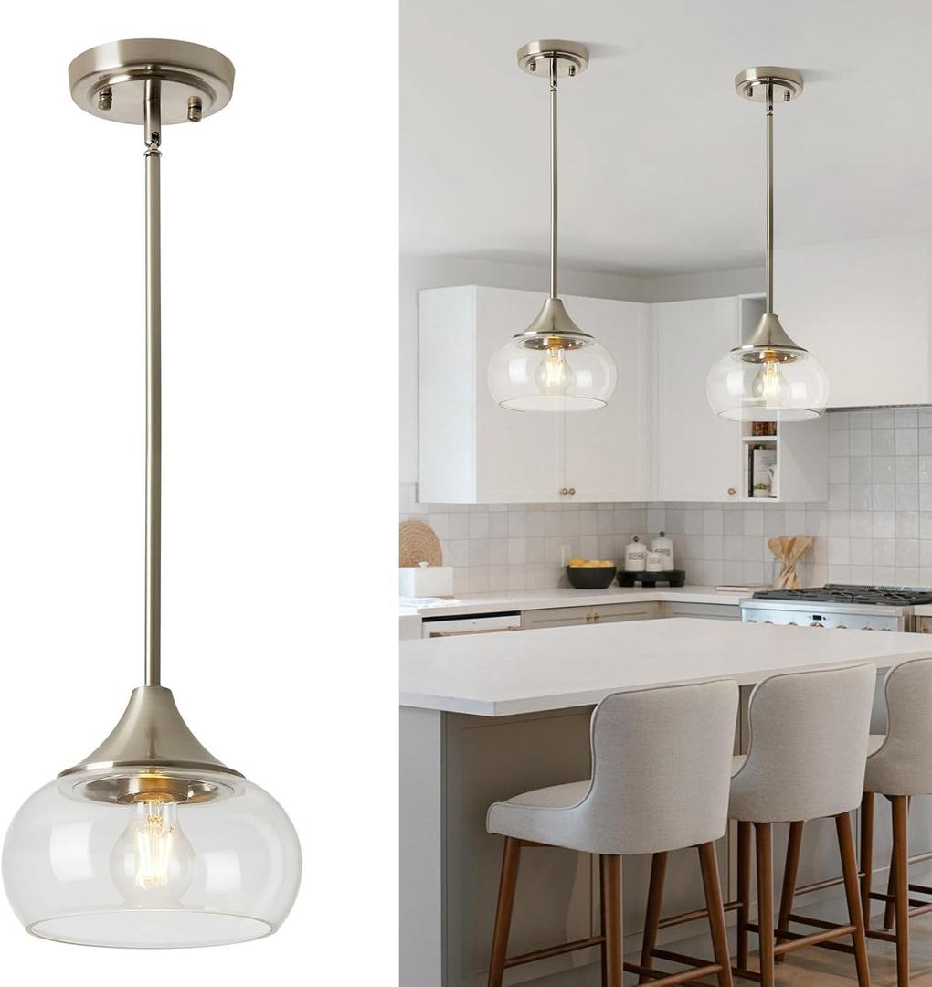 2 Pack Modern Pendant Lights Kitchen Island, Brushed Nickel Pendant Light Fixtures with 8.5" Clear Glass Shade, Industrial Hanging Pendant Lights Fixture for Kitchen Island Dining Room Entryway