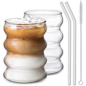 Ework4U 2 Pcs Drinking Glasses with Glass Straw 14oz Glassware Set,Cocktail Glasses,Iced Coffee Glasses,Beer Glasses,Ideal for Water,Soda,Tea,Gift - with Cleaning Brushe