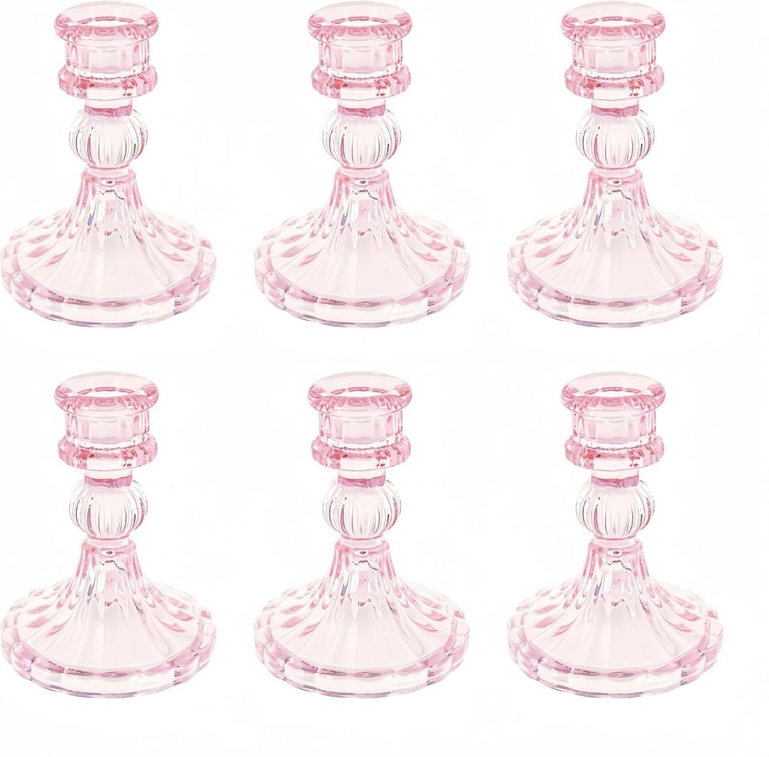 Glass Candlestick Holder,Striped Taper Candle Holders,Set of 6 Candle Stand for Table Centerpieces, Home Decor,Weddings,Festival and Parties (Pink Stripe Pattern)