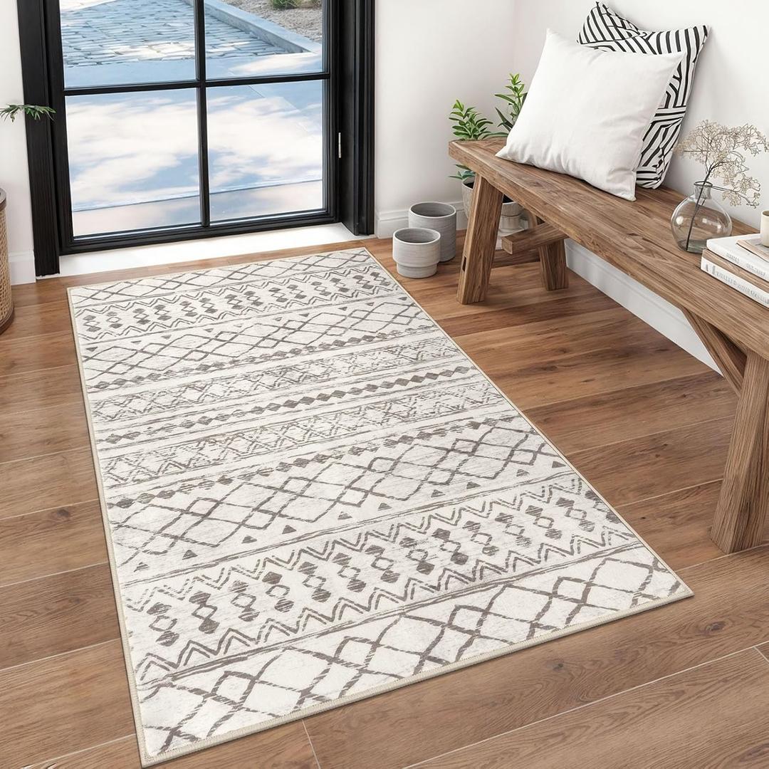 KUTA 3'x5' Beige Boho Area Rug for Living Room, Moroccan Washable Kitchen Rugs Non Slip, Ultra Soft Print Distressed Geometric Low-Pile Entry Throw Carpet for Bedroom Nursery Dorm Decor