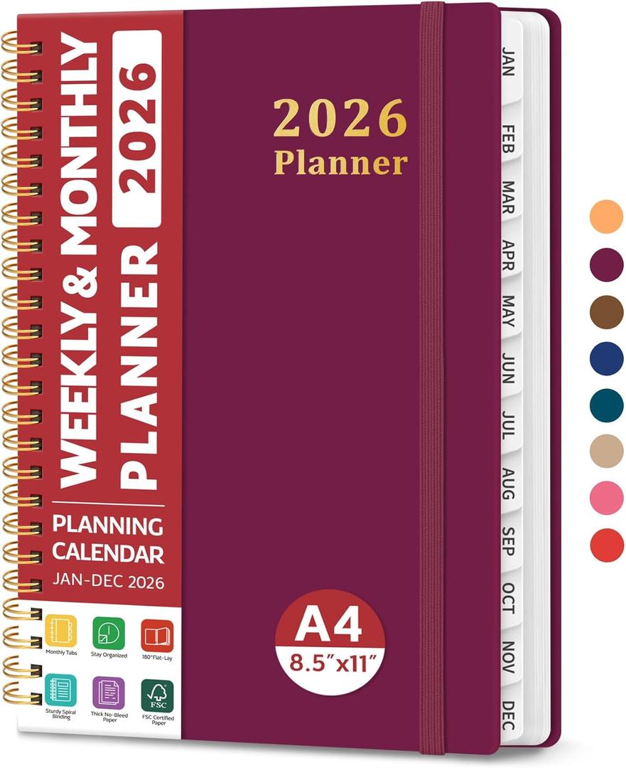2026 Planner, Weekly and Monthly Calendar Planner, January 2026 - December 2026, Hardcover 2026 Calendar Book with Tabs For Women & Men, Inner Pocket, Spiral Bound, Perfect for Office Home School Supplies - A4 (8.5" x 11"), Crabberry Red