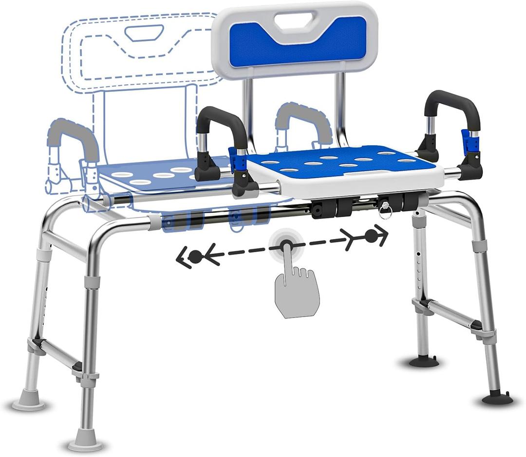 Sliding Shower Chair with Arms and Back, 500lbs Tub Transfer Benches with Non Slip Aluminum Body and Suction Cups Adjustable Height Bath Seats for Seniros Elderly Disabled or Bariatric Adults