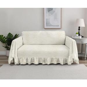 Rustic Linen Sofa Cover with Tie Strings, Full Couch Protector Durable Throw Slipcover Ruffled Edge (Natural, Sofa)