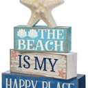 Moucuny 4 Pcs Summer Table Decoration Beach Tiered Tray Decor Starfish Coastal Rustic Wooden Block Sign Gifts Blue and White Ocean Centerpieces Farmhouse Beach Nautical Decor for Home Shelf Mantel