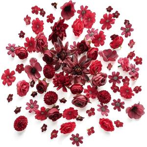 Floroom Mini Artificial Flower Heads Burgundy & Red Fake Peony Daisy Rose Multicolor Small Faux Silk Flower Heads for Cake Craft Garland Wedding Party Graduation Cap DIY Home Decoration, 0.8"-3.6"