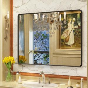 OKPAL 40X30 Inch Black Metal Framed Bathroom Mirror, Matte Black Bathroom Vanity Mirror for Wall, Black Rounded Rectangle Modern Mirror, Anti-Rust, Shatterproof (Horizontal/Vertical)