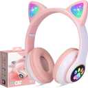 TCJJ Kids Wireless Headphones - Cat Ear LED Light Up, Bluetooth 5.4, Safe Volume Limit, Noise Cancelling with Mic & TF Card for Girls Boys Toddlers School (Pink)