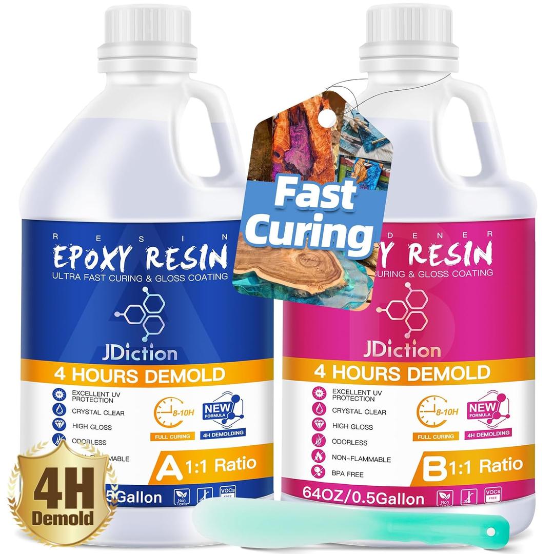 JDiction Fast Cure Epoxy Resin, 1Gallon 4 Hours Demold Epoxy Resin Kit - Crystal Clear, Bubble-Free, Not-Yellowing, Self-Leveling for Art Resina, Jewelry, Craft, Fast Casting & Easy Mix Epoxy Resina