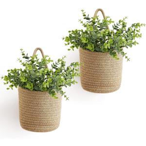 Dahey 2 Pack Wall Hanging Rope Basket with Artificial Eucalyptus Farmhouse Decor, Jute Woven Storage Organizer Flower Plants Basket Set Rustic Wall Decor for Porch Living Room Bedroom Entryway,Brown (6.5"W6.7"H)