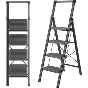 4 Step Ladder, DIAMONDFORGE Folding Step Stool with Wide Anti-Slip Pedal, Anti-Slip Feet and Handgrip, Sturdiest Steel Construction, Steel Ladder for Home, Black