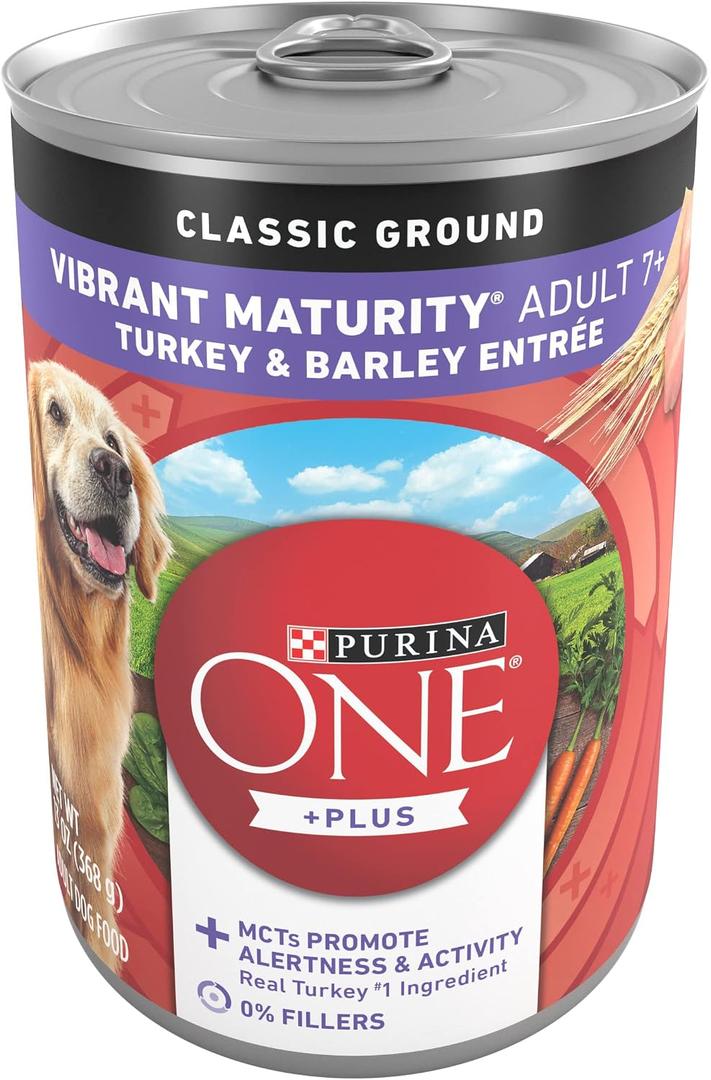 Purina ONE Plus Senior Wet Dog Food, Turkey & Barley, (12) 13 oz Cans