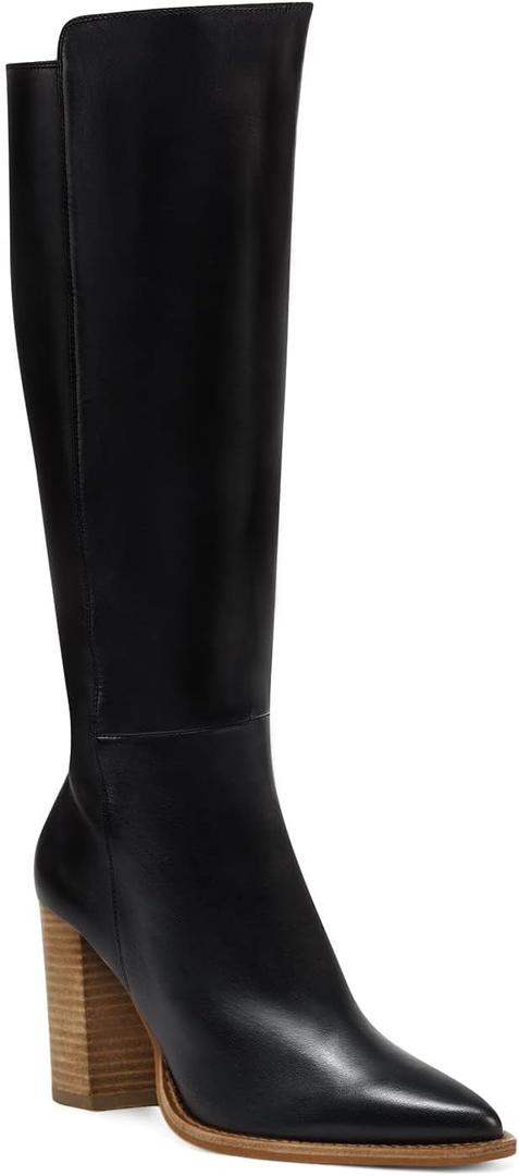 Juliet Holy Women's Knee High Boots Stacked Block Heel Pointed Toe Riding Boots (Black)