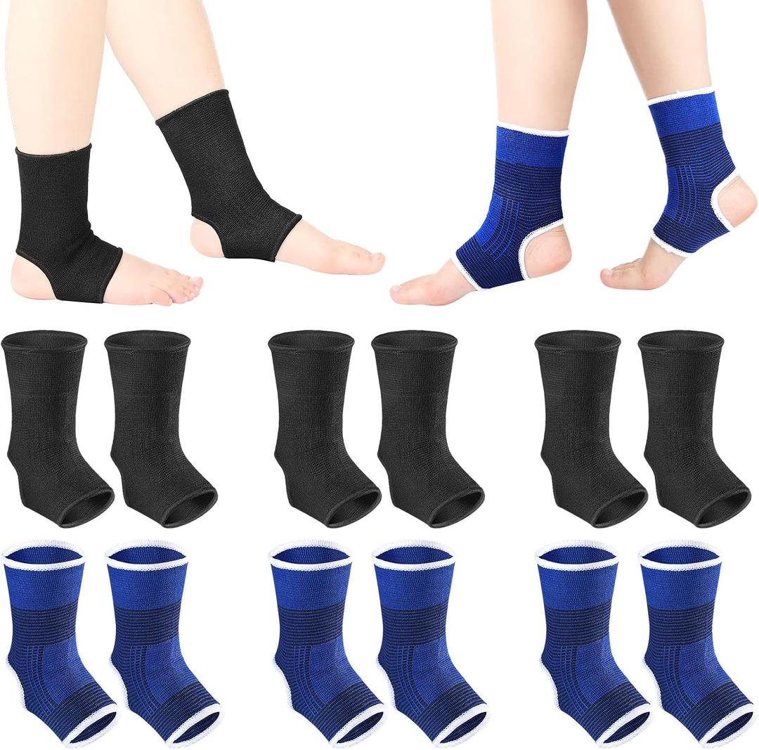 Loopeer 6 Pairs Kid Compression Ankle Brace Knitted Breathable Ankle Support Sleeve Socks Plantar Fasciitis Braces for Girls Boys Kids Sprained Running Fitness, Blue and Black