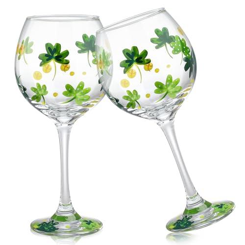 Willinglong 2 Pcs St. Patrick's Day Shamrock Wine Glasses Hand Painted Irish Theme Clover Gold Coin Stemmed Glasses Bar Goblet Cocktail Drinkware Gifts for St. Patrick's Day Party Supplies
