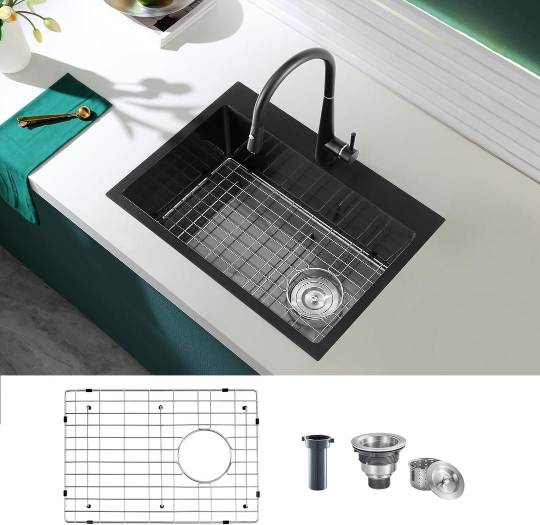 24 inch Drop-in Black Kitchen Sink Single Bowl, Topmount Kitchen Sink with Protective Bottom Grid, Overmount 304 Stainless Steel Kitchen Bar Sink Handmade with Basket Strainer, 24189 inch