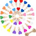 jijAcraft Clothespins with String - 50Pcs Mini Wooden Clothes Pins with Heart, 10Colors Heart Clips, 1.4Inch Small Photo Craft Clip for Baby Shower, Wedding, Birthday