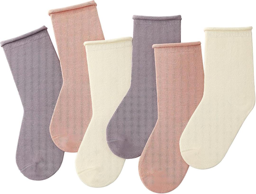 JAKIDAR Girls Crew Seamless Socks Kids Casual Dress Cotton Socks 6 Pairs (4-7 Years, Pink Purple White)