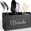 Black Kitchen Utensil Holder for Countertop Large 3-Compartment Cooking Utensil Organizer & Caddy with Drain Holes, Modern Wood Utensil Holder for Kitchen Counter, Spatula & Spoon Storage