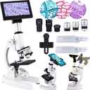 Herwicm Microscope 40X-2500X Magnification, HD Wide Angle Eyepieces, 4-inch High-Pixel Display with LED Fill Light 3, Cell Phone Observable, for Home School Labs (White)