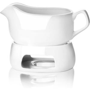 Nucookery Large 18 Oz Gravy Boat with Warmer, White Fine Porcelain Saucier with Big Dripless Lip Spout, Gravy Bowl For Thanksgiving, Warming Sauces, Salad Dressings, Microwave & Freezer Safe(Modern)