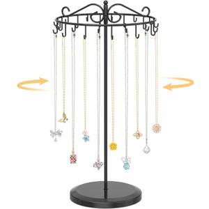 EsLuker.ly Necklace Holder Organizer Rotating Display Stand, Long Necklaces Hanger Tree Tower with 24 Hooks, Metal Tall Jewelry Bracelet Storage Rack for Women Vendors Sell, Prevents Tangling, Black
